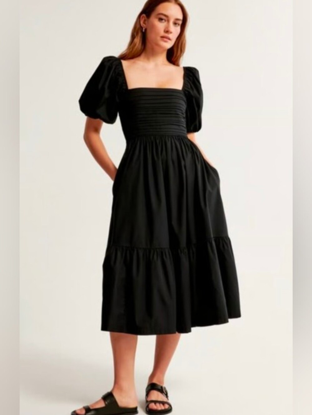 Abercrombie & Fitch Black Puff-Sleeve Tiered Emerson Midi Dress